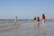 People are resting on the beach on the English Channel in Trouville