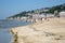 People are resting on the beach on the English Channel in Trouville