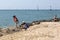 People are resting on the beach on the English Channel in Trouville