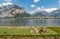 People resting on the Lakefront of Malgrate located on the shore of Como Lake in province of Lecco.