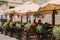 People resting in outdoor cafe in historic city centre. Lviv,