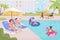 People resting at public outdoor poolside flat color vector illustration