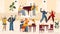 People in retro restaurant, vintage party in art deco style, cartoon characters dancing, vector illustration