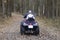 People ride an ATV in the autumn forest.Motor vehicles