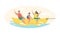 People ride banana water attraction. Yellow cigar shaped inflatable object for fun jumping waves