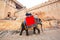 People ride the big elephant for trip to the historical indian Fort