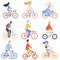 People Riding Bicycles Set, Cycling Men and Women Exercising, Relaxing or Going to Work Vector Illustration