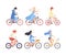 People riding bicycles set. Side view of cycling men and women exercising, relaxing or going to work. Eco friendly