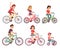 People riding bike. Flat cyclist on bicycles vector set