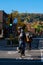 People riding bikes on Rachel Street with Mount Royal in background