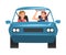 People Riding Blue Car, Front View of Cheerful Girl Driver Driving Vehicle and her Friend Sitting in Passenger Seat