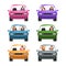 People Riding Cars Set, Front View of Drivers and Passengers Sitting in Colorful Vehicles Cartoon Vector Illustration