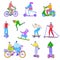 People riding different vehicles, vector illustration in line art style, bicycle, scooter, ski and skateboard.