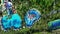 People riding down spiral waterslide at an full people waterpark. Aerial top view of tropical resort with adventure