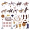 People Riding Horses, Equestrian Sport Equipment Big Set, Horse Riding Essentials and Grooming Tools Vector Illustration