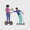 People riding scooters flat vector illustration. Entertainment, active leisure, rest together. Smiling man and woman on
