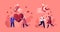 People in Romantic Relationship. Couples on Date Holding Red Heart with Arrow. Cupid with Bow Flying in Sky