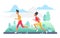 People run in park green landscape, jogging outdoor sport workout with woman man runners