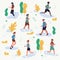 People run in park vector illustration set, cartoon flat man woman runners characters jogging marathon in city park or