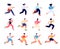 People running. Female run, race healthy group. Jogging person, employee and athlete characters. Sport exercise