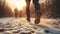 People Running in Snowy Sunset Blur During Winter Season, Weight Loss And Fitness After Festivities. Generative AI