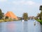 People on sailboat cruising on river Boorne in Akkrum, Friesland, Netherlands