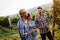 People sampling and tasting wines in vineyard