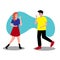 People say hello. The guy and the girl say hello to each other. Cartoon picture. Man and woman communicate and laugh. Friends are