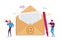 People Send E-Mail to Friends or Colleagues Concept. Tiny Male Characters Stand at Huge Envelope with Et Symbol