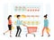 People shopping in grocery vector illustration. Man and women with cart in retail supermarket. Big store people shopping