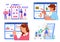 People shopping online set, woman man characters choosing grocery products or clothes