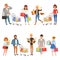 People shopping set. Flat cartoon characters in supermarket with shopping carts and paper bags with food. Vector