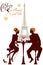 People silhouettes, love image, Illustration of couple young woman and man drinking coffee and chatting on Paris street cafe.