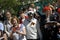 People sing war songs on the Theater Square in Moscow.