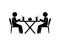 People sit in a restaurant, have lunch, sticks figure human silhouettes, cafe illustration, drinks on the table