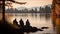 People sit beside the tranquility of a peaceful lakeside scene during autumn