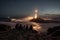 people sitting on the beach, watching a lighthouse beam light over the waves