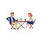 People sitting behind wooden table and laughing. Cartoon young couple talking during coffee break. Flat vector design