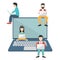People sitting on big notebook. Social network web site. Surfing concept illustration of young people using lap top