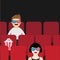 People sitting in movie theater. Film show Cinema background. Viewers watching movie in 3D glasses. Man and woman cartoon