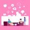 People sitting workspace online data cloud synchronization social network icon over pink background flat