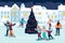 People skating on ice rink around decorated Christmas Tree. Vector flat cartoon illustration. New Year holiday event