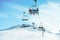 People on ski lift in winter resort - Holidays, snow gear renting, skiing, snowboarding and mountain landscape concept - Focus on