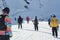 People skiing in european alps.