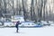 People skiing on the frozen river Tamis in Pancevo, Serbia due to an exceptionally cold weather over the Balkans