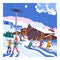 People Skiing and Snowboarding at Mountain Ski Resort in Winter Season Vector Illustration