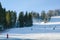 People skiing and snowboarding on a slope on a sunny day. Winter sport concept. Top angle view. Skiers and snowboarders riding on