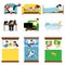 People sleeping at home, at work set, men and women sleeping in bed, sofa with kids, pets, together cartoon vector