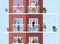 People with smartphone at windows balconies of brown building vector design