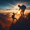 People and son helping each other up on a mountain at sunset. People helping and teamwork concept.